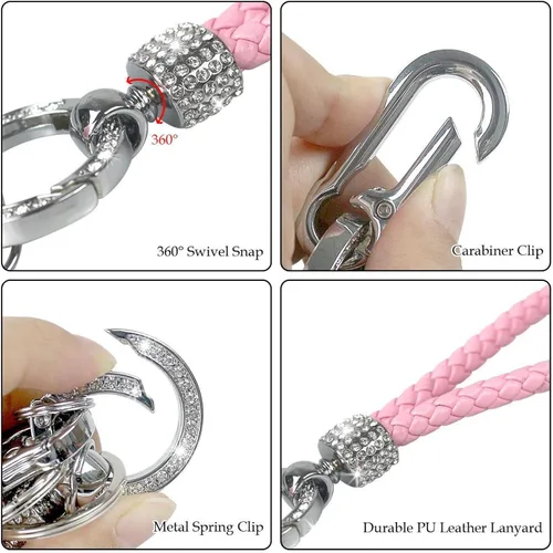 Vista 4 de Juego de llaveros con diseño de flores moradas de zorro para mujeres y niñas con llavero con pompones, 8 piezas de accesorios portátiles