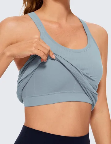 Vista 3 de CRZ YOGA Camiseta sin mangas acanalada sin costuras para mujer con brasier integrado, cuello redondo acolchado, adelgazante, atlética, larga