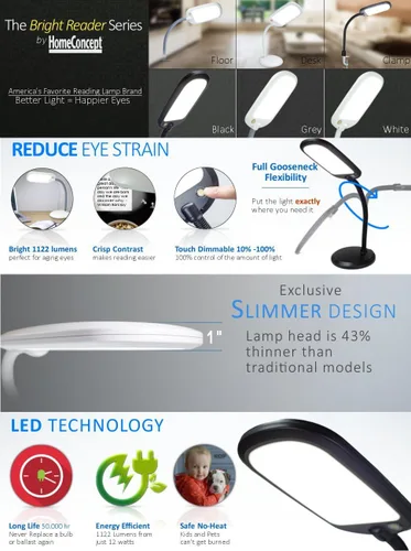 Vista 8 de HomeConcept LED Desk Lamp Bright-Reader Full Spectrum Hi-Output 2,100 LUX, Dimmable, Energy Efficient 12w, 6,400k (for Paperwork, Reading, Knitting)
