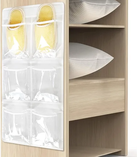 Vista 2 de Paquete de 2 organizadores grandes de zapatos colgantes sobre la puerta de armario con 6 bolsillos de cristal transparente, 4 ganchos, color blanco