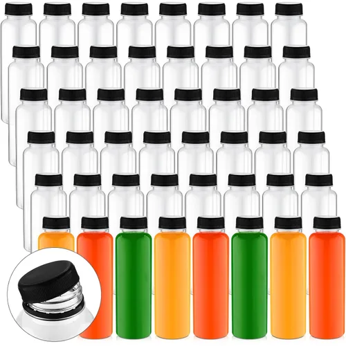 Vista 14 de Tanlade - Paquete de 200 botellas de plástico para jugo con tapas reutilizables, 8 onzas, color negro Empty PET Drink Containers, Leak-proof Lids