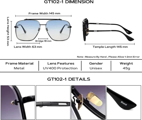 Vista 5 de Gtand Gafas de sol cuadradas de gran tamaño con degradado de aviador para hombres y mujeres gafas de sol de metal vintage de 2480in