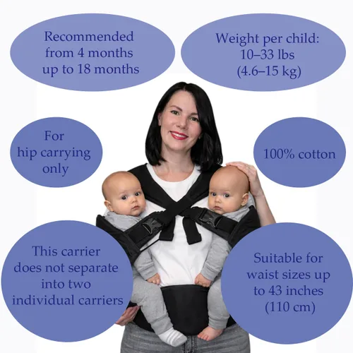 Vista 5 de Portabebés gemelar para bebés gris – Portabebés ergonómico 100% algodón para gemelos, edades 4–18 meses (4.5–15 kg cada uno) Portabebés de cadera