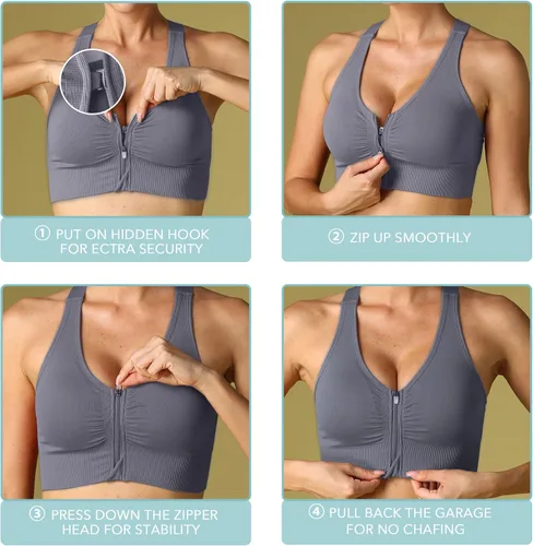 Vista 4 de Evercute Sujetador deportivo con cremallera frontal para mujer, brasier deportivo sin alambre, con tirantes acolchados, soporte medio, para yoga