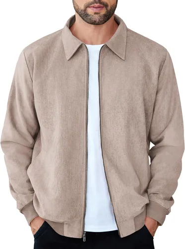 Vista 9 de COOFANDY Chaqueta bomber casual de ante para hombre, ligera, con cremallera completa, chaqueta de piel sintética vintage