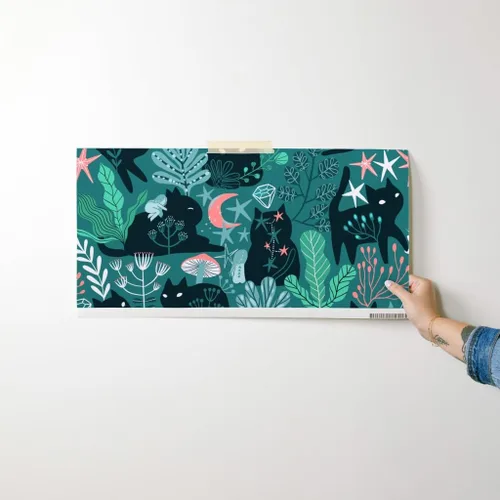 Vista 7 de Spoonflower Papel tapiz para despegar y pegar, diseño de gatos del bosque verde, hada, elfos, gatito, verano, primavera, gatito, bebé, niño, papel