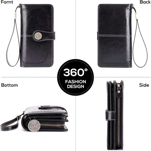 Vista 5 de INSIFEEL Carteras para mujer de gran capacidad con protección RFID monedero de cuero genuino Negro Retro