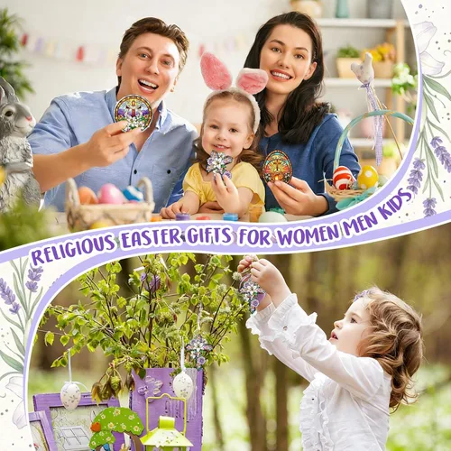Vista 4 de WaaHome Adorno de cruz de Pascua para decoración de árbol, flor morada, decoración de Pascua, regalos religiosos para mujeres, hombres, niños