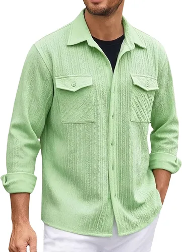 Vista 26 de Camisas con botones para hombre, casual, de manga larga, con cuello jacquard, texturizada, ligera, sobrecamisa, sobrecamisa