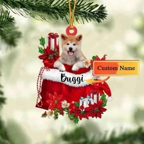 Vista 3 de Perro Akita Inu personalizado en bolsa de regalo, adorno de Navidad, nombre personalizado, regalo para amantes de los perros, familia, Navidad