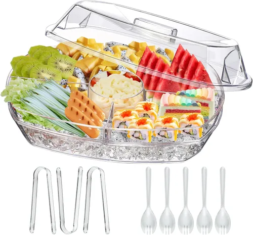 Vista 7 de Bandeja de condimentos refrigerados, cesta de frutas de bar con tapa y 5 compartimentos extraíbles, bandeja transparente para servir condimentos