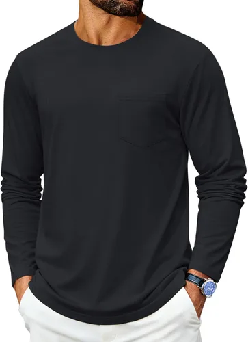 Vista 19 de Cotrasen Camisetas de manga larga para hombre de algodón con cuello redondo, camisetas T con bolsillo que absorben la humedad, suaves, cómodas