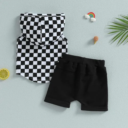 Vista 3 de Conjunto de ropa de verano para niños pequeños, de algodón, con estampado de tablero de ajedrez, sin mangas, camiseta y pantalones cortos casuales