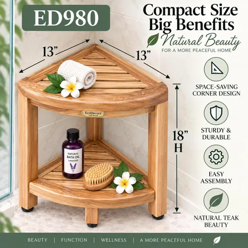 Vista 2 de Esquinero earthyteak ™. Totalmente montado. Esquinero de 2 niveles, de teca compacta. Banco de pie para ducha con estante. Almacenamiento