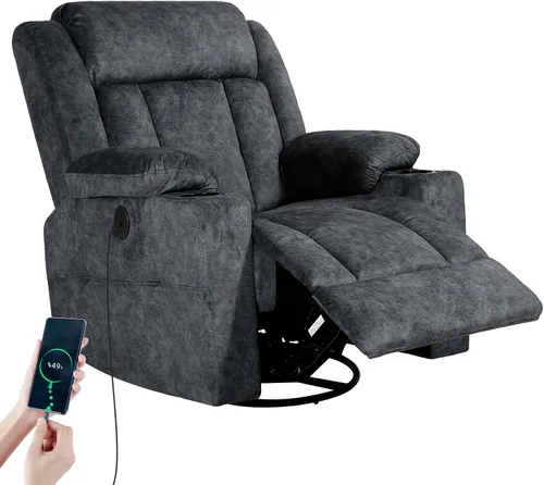 Vista 10 de LEVELEVE Silla reclinable mecedora, silla reclinable de masaje con masaje por vibración y calor, sillas giratorias de piel sintética de 360°, sala