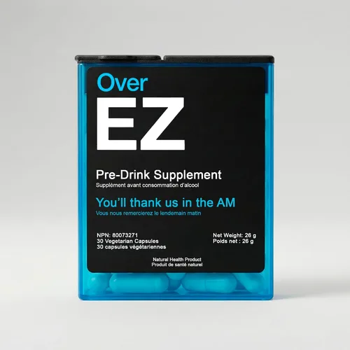 Vista 2 de OVER EZ Suplemento de prebebida - [$1.30 x porción] Píldoras de recuperación y prevención de fiestas para una salida nocturna y mejores mañanas