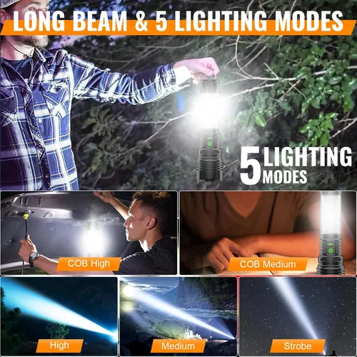 Vista 4 de Hoxida Linternas de Camping Recargables de Altos Lúmenes - 2000 Metros de Haz Largo, Súper Brillante, Linterna LED, Impermeable, Luces de Tienda