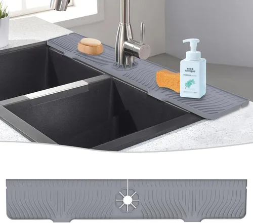 Vista 8 de Derlights Tapete protector contra salpicaduras para fregadero de 30 pulgadas, bandeja de silicona para atrapa goteo, alfombrilla de silicona más Gris