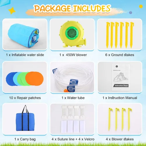Vista 6 de Whubefy Toboganes acuáticos inflables para niños con soplador de 450 W, parque acuático inflable 6 en 1, tobogán acuático de 158 x 138 x 89 pulgadas
