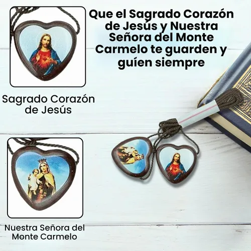 Vista 7 de Catholica Shop Escapularios de madera con cordón marrón con medallas Sagrado Corazón de Jesús y Nuestra Señora del Monte Carmelo. Escapularios