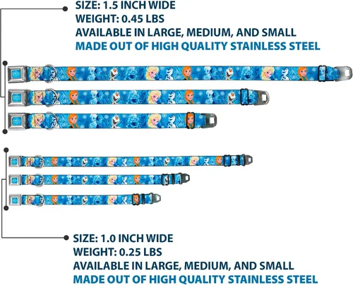 Vista 3 de Buckle-Down Collar de perro con hebilla de cinturón de seguridad, diseño de personajes de Frozen Poses azules, 1 pulgada de ancho, se adapta a