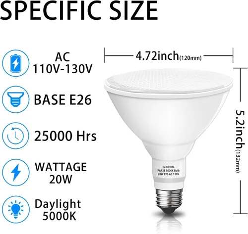 Vista 3 de Gonhom Par38 Bombillas LED de luz de inundación del atardecer al amanecer para exteriores, 20 W de reemplazo de hasta 200 W, 1800 lúmenes, base E26
