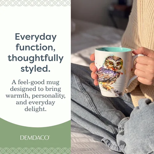 Vista 2 de DEMDACO Dean Crouser - Taza de cerámica con diseño de búho de acuarela en una rama – Taza temática de pájaro para pieza decorativa – Inspirada