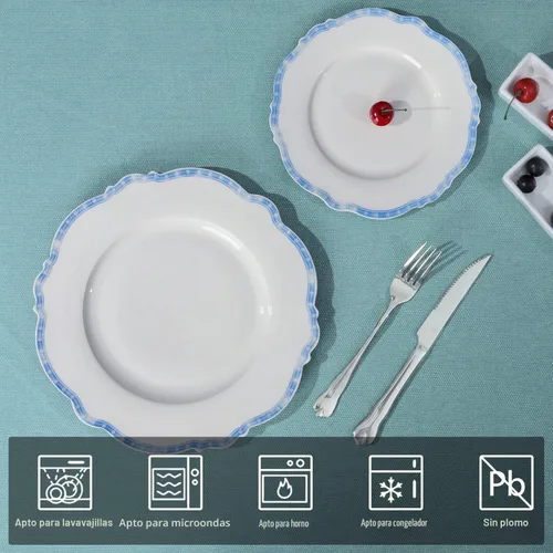 Vista 3 de fanquare - Juego de 4 vajilla de porcelana azul costera simple de 11 pulgadas Platos festoneados para comidas diarias, fiestas, banquetes, aptos