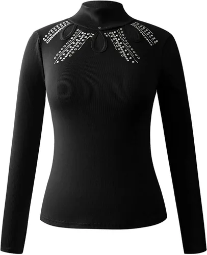 Vista 3 de Women's Knitted Sweater Top Casual Long Sleeve Turtleneck Cut Hollow Rhinestone Pullover Lightweight Fit T Shirt Sweater