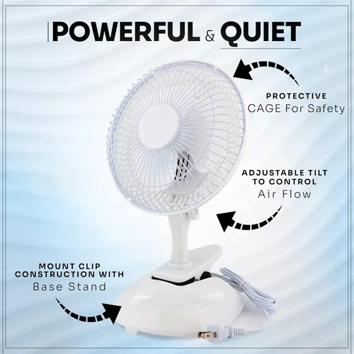 Vista 7 de RamPro Escritorio portátil y ventilador de clip, ventiladores de 6 pulgadas, enchufe pequeño y silencioso, pequeño ventilador de refrigeración