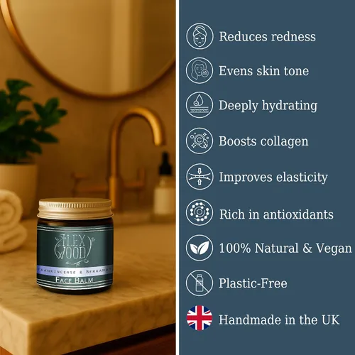 Vista 2 de The Ilex Wood - Bálsamo facial de incienso y bergamota - 100% natural, vegano, hidratante, antienvejecimiento, ingredientes reductores de arrugas