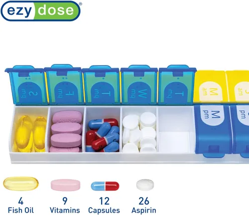 Vista 2 de EZY DOSE Organizador de píldoras semanal (7 días), planificador de medicamentos, caja de vitaminas, estuche de planificador diario, 2 veces al día