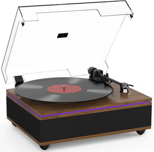 Vista 10 de Tocadiscos con altavoces integrados Bluetooth 5.3, tocadiscos de 2 velocidades para discos de vinilo, tocadiscos de alta fidelidad con cartucho