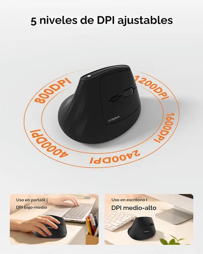 Vista 4 de KYSONA Ratón ergonómico inalámbrico, mouse vertical Bluetooth, DPI ajustable de 5 niveles, ratones con interruptor silencioso de 2.4 G para Windows