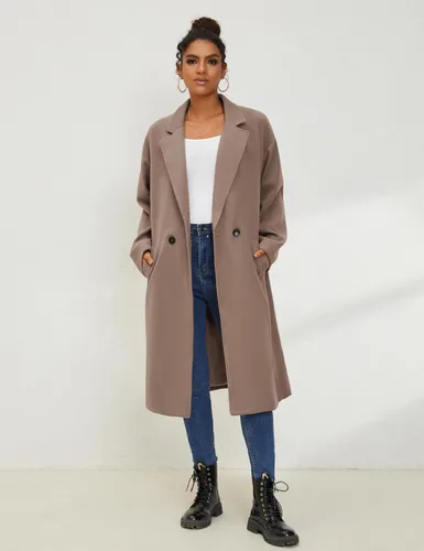 Vista 5 de UANEO Abrigo de mezcla de lana para mujer, de gran tamaño, doble botonadura, gabardina larga, abrigo de invierno