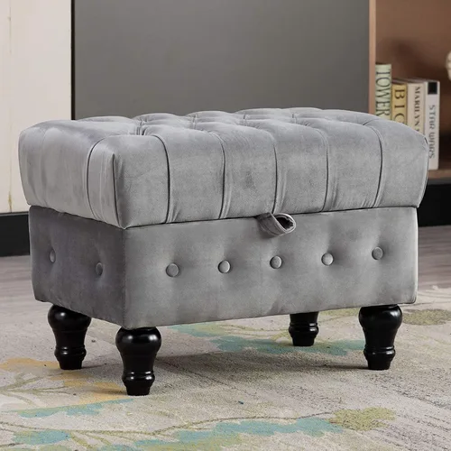 Vista 10 de Mesa de Centro Otomana de Almacenamiento Rectangular, Reposapiés Otomana de Dormitorio con Tapicería de Terciopelo Abotonado Capitoné para Sala
