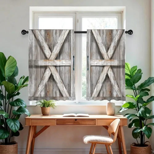 Vista 4 de Cortinas cortas de cocina de poliéster con estampado para puerta de granero, 27.5 pulgadas de ancho x 36 pulgadas de largo, cortinas de puerta