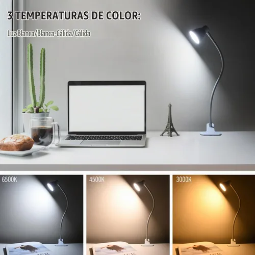 Vista 2 de Lámpara de lectura con clip de CeSunlight, lámpara de abrazadera para escritorio, 3000 – 6500K, temperatura de color ajustable, 6 modos