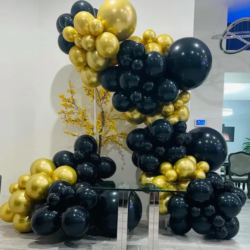 Vista 7 de YMSZ Globos negros y dorados, 67 globos metálicos dorados y negros de 12 pulgadas para cumpleaños, jubilación, graduación, decoración de fiesta