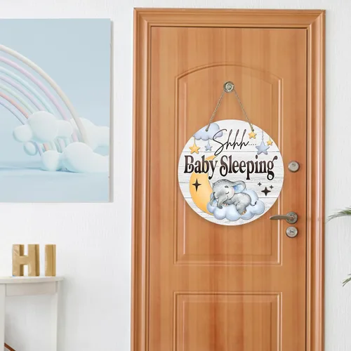 Vista 7 de Shhh Baby Sleeping - Letrero para puerta delantera, elefante, luna, nube, estrellas, colgador de puerta de madera, decoración de dormitorio
