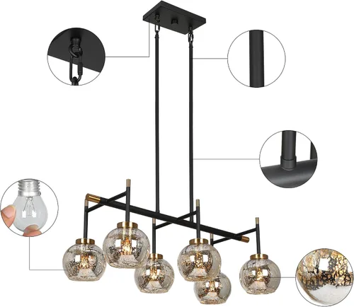Vista 3 de KSANA Lámpara de comedor, candelabro moderno de metal negro dorado para isla de cocina con pantallas de vidrio mercurio, 27.5
