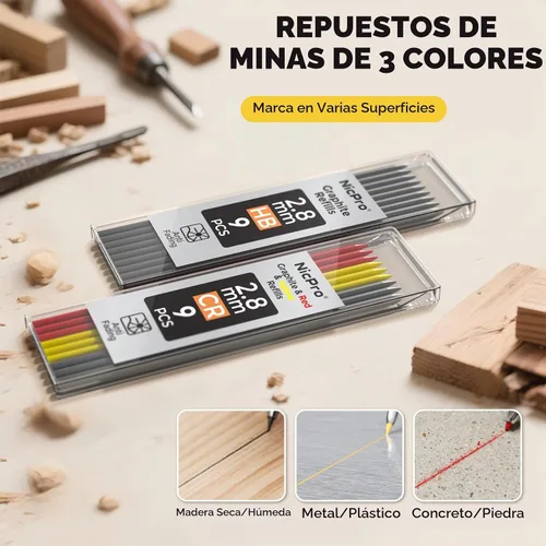 Vista 4 de Nicpro - Lápiz de carpintero con sacapuntas, lápices mecánicos de carpintero CP3000 con 19 repuestos, marcador de agujero profundo para Negro