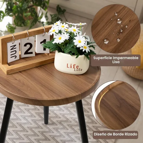 Vista 4 de danpinera Mesa auxiliar redonda, mesa decorativa con patas de metal con bandeja de madera, mesa auxiliar redonda pequeña para sala de estar