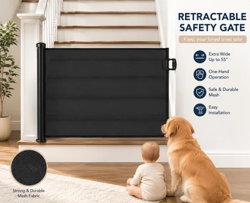 Vista 3 de Puerta de seguridad retráctil para bebés y perros, color negro