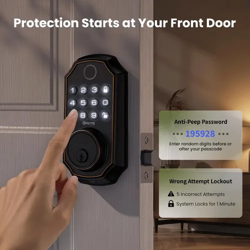 Vista 6 de GHome Smart Cerradura de puerta de huellas dactilares para puerta delantera, cerrojo de entrada sin llave con teclado, control de aplicación Negro