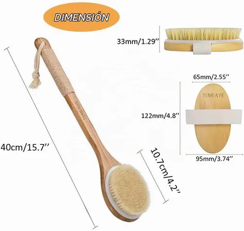 Vista 4 de TEMEAYE Cepillo corporal de cepillado en seco, mango de madera combinado con cerdas naturales de fuerza media, exfoliante suave para eliminar