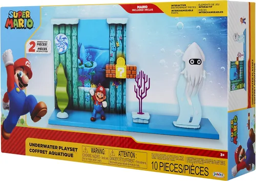 Vista 10 de Super Mario Juego submarino con pieza ambiental interactiva, figura articulada de Mario de 2.5 pulgadas y figura de calamar Blooper. Colecciona