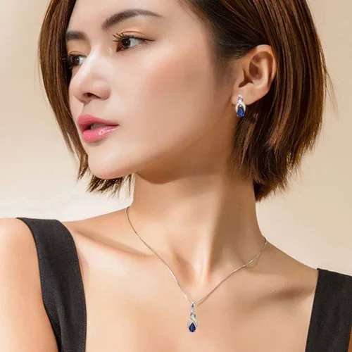 Vista 2 de Set de joyas Hermosa de ópalo para mujer, collar con colgante, pendientes de botón, arcoíris de zafiro, topacio místico, cadena de 45 cm.