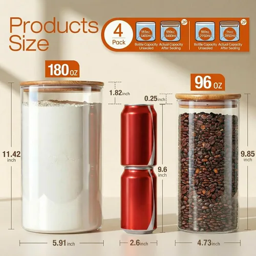 Vista 3 de HomArtist Juego de 4 recipientes grandes de vidrio para harina y azúcar, 180oz x2 & 93oz x2, recipientes de vidrio para almacenamiento de alimentos