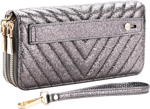 Vista 8 de B BRENTANO Cartera de cuero vegano con doble cremallera y bolsillo con correa de mano con agarre, azul Glitter